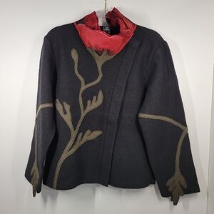 CoVelo Black Wool Embroidered Poppy Floral Lagenlook Zip Cardigan Sweater L NWT